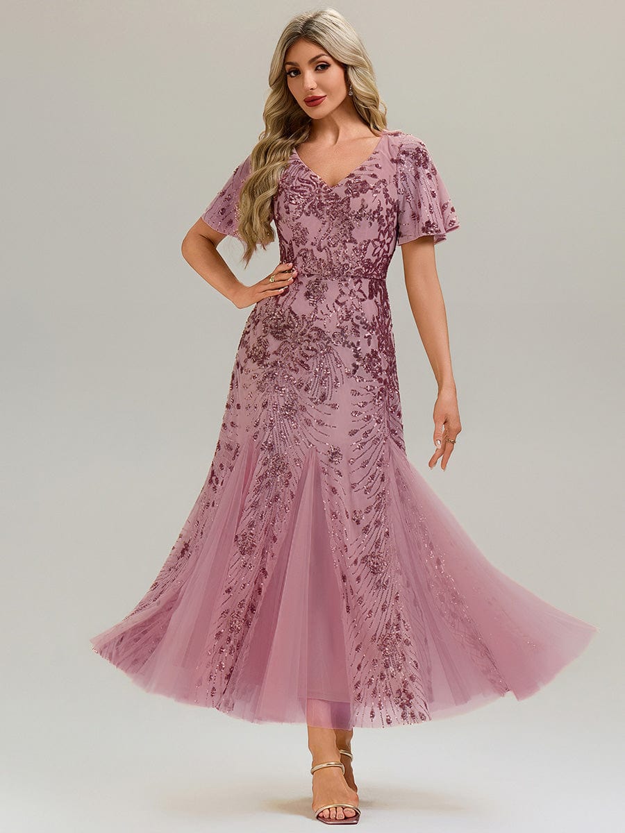 ever ANNIKA|Embroidered Sequin Ruffle Sleeve Evening Dress
