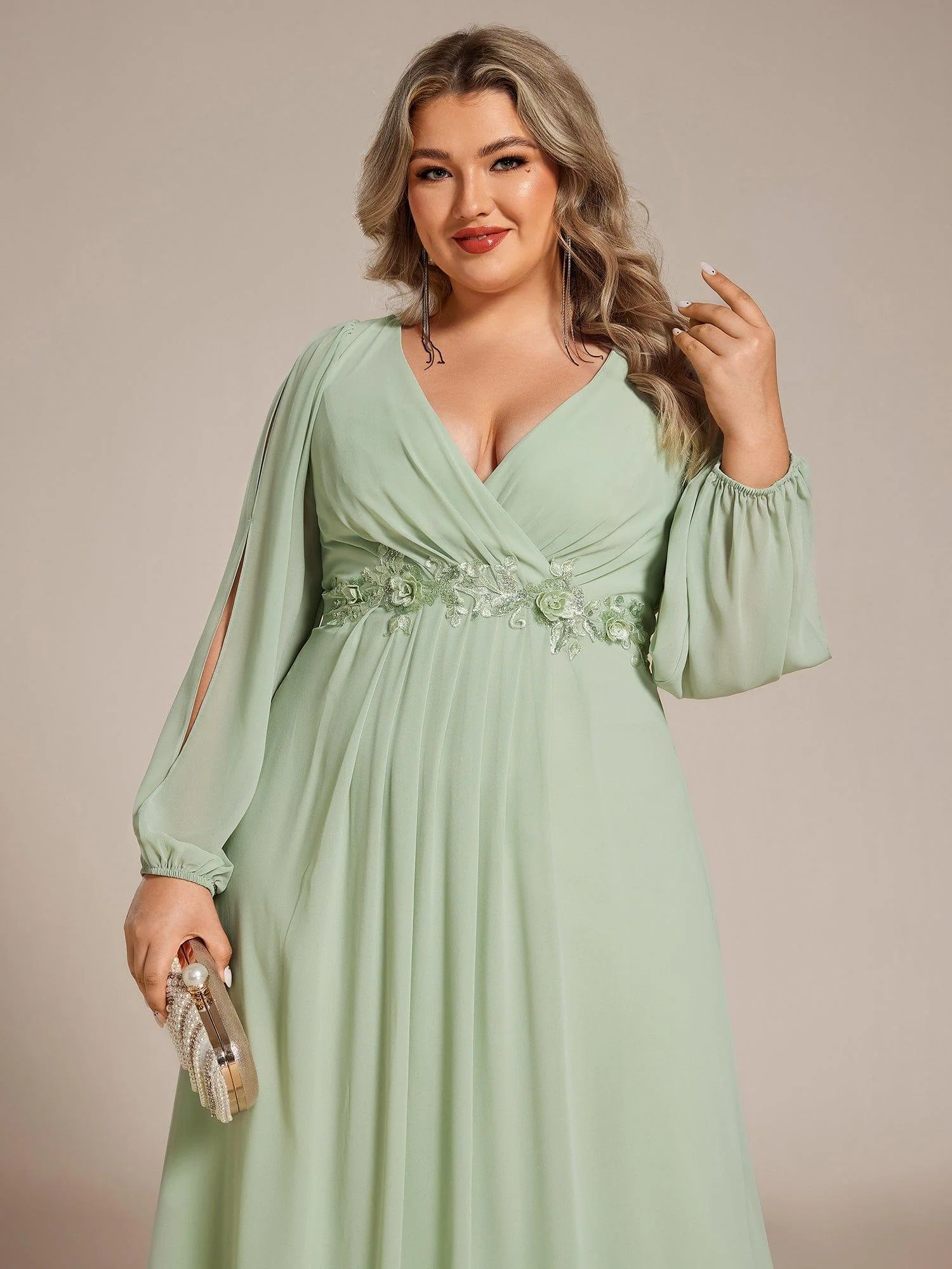 ever AMOUR|Lantern Long Slit Sleeve Maxi Mother of The Bride Dress - Image 127