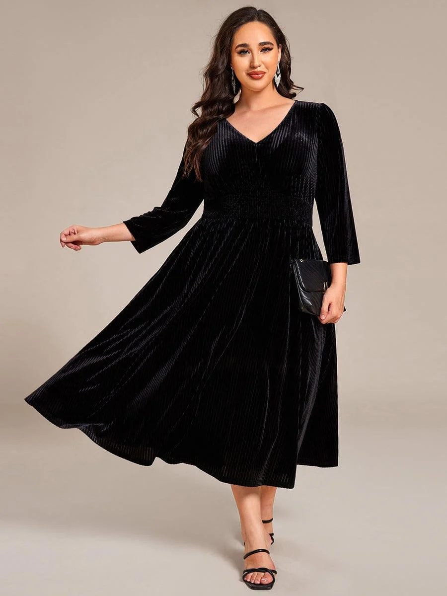 ever ARLET|V-neck Long Sleeve Velvet A-Line Midi Wedding Guest Dress - Image 8