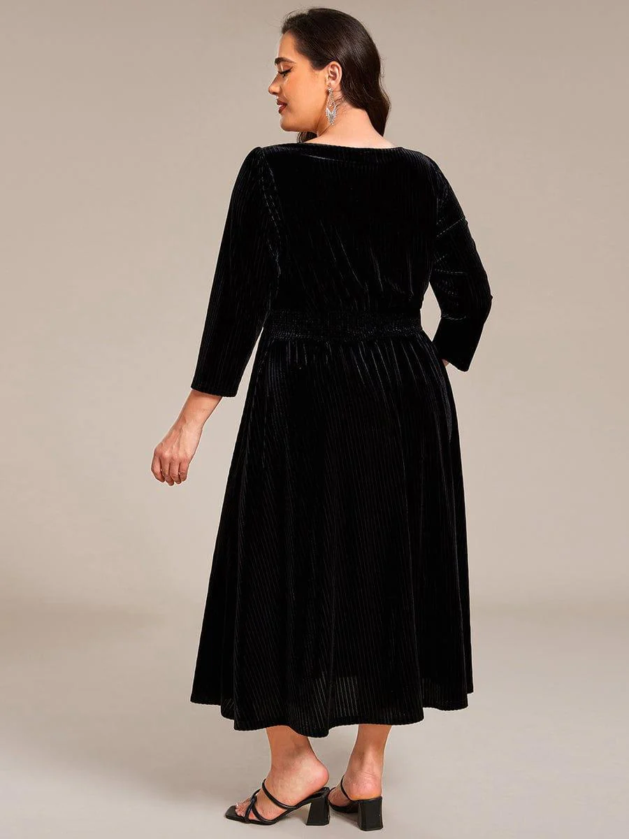 ever ARLET|V-neck Long Sleeve Velvet A-Line Midi Wedding Guest Dress - Image 9