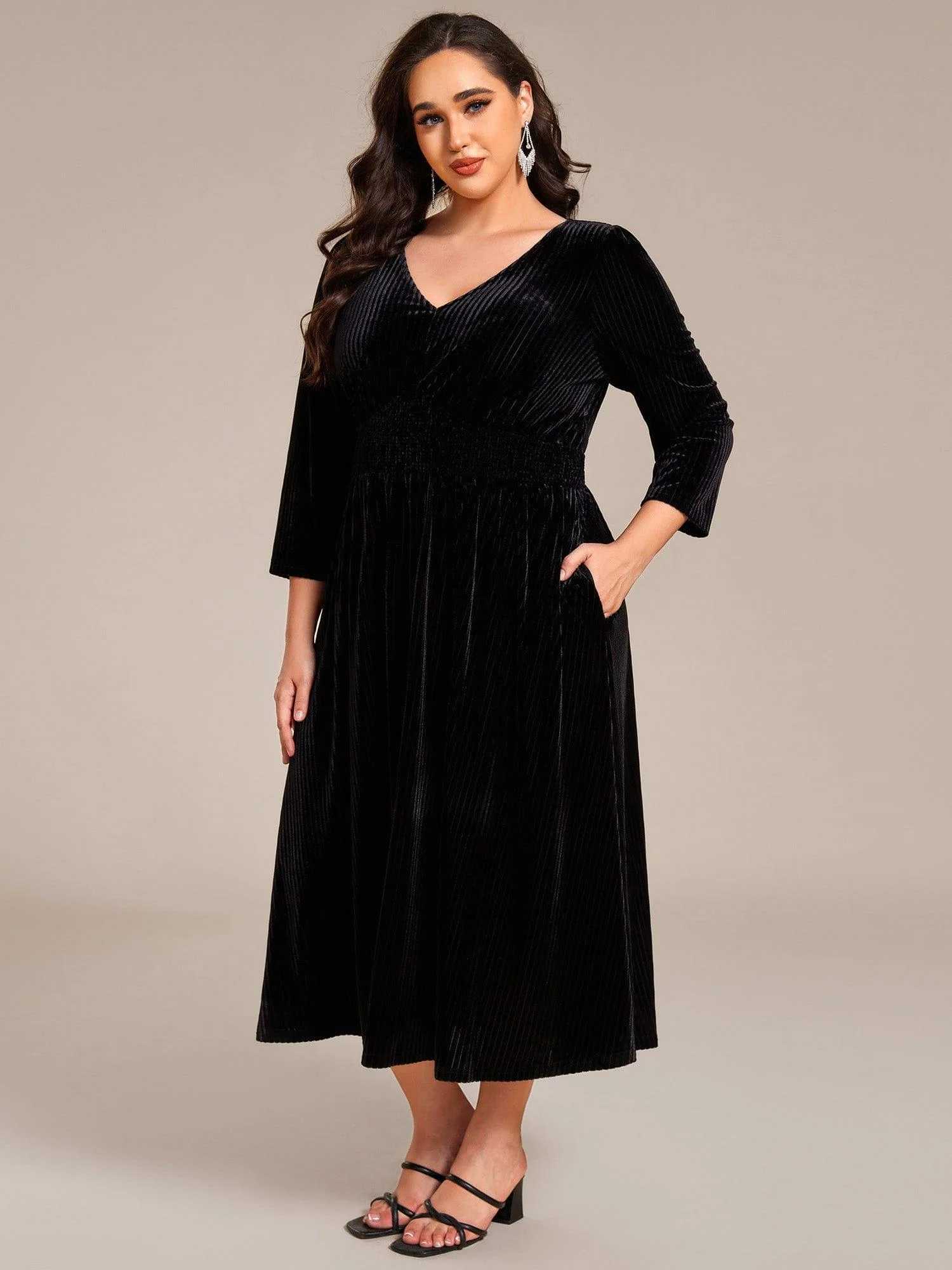 ever ARLET|V-neck Long Sleeve Velvet A-Line Midi Wedding Guest Dress - Image 12
