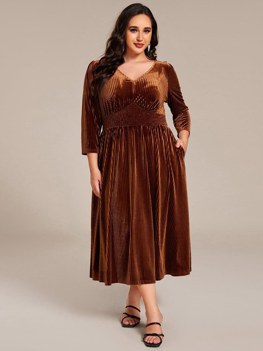 ever ARLET|V-neck Long Sleeve Velvet A-Line Midi Wedding Guest Dress - Image 19