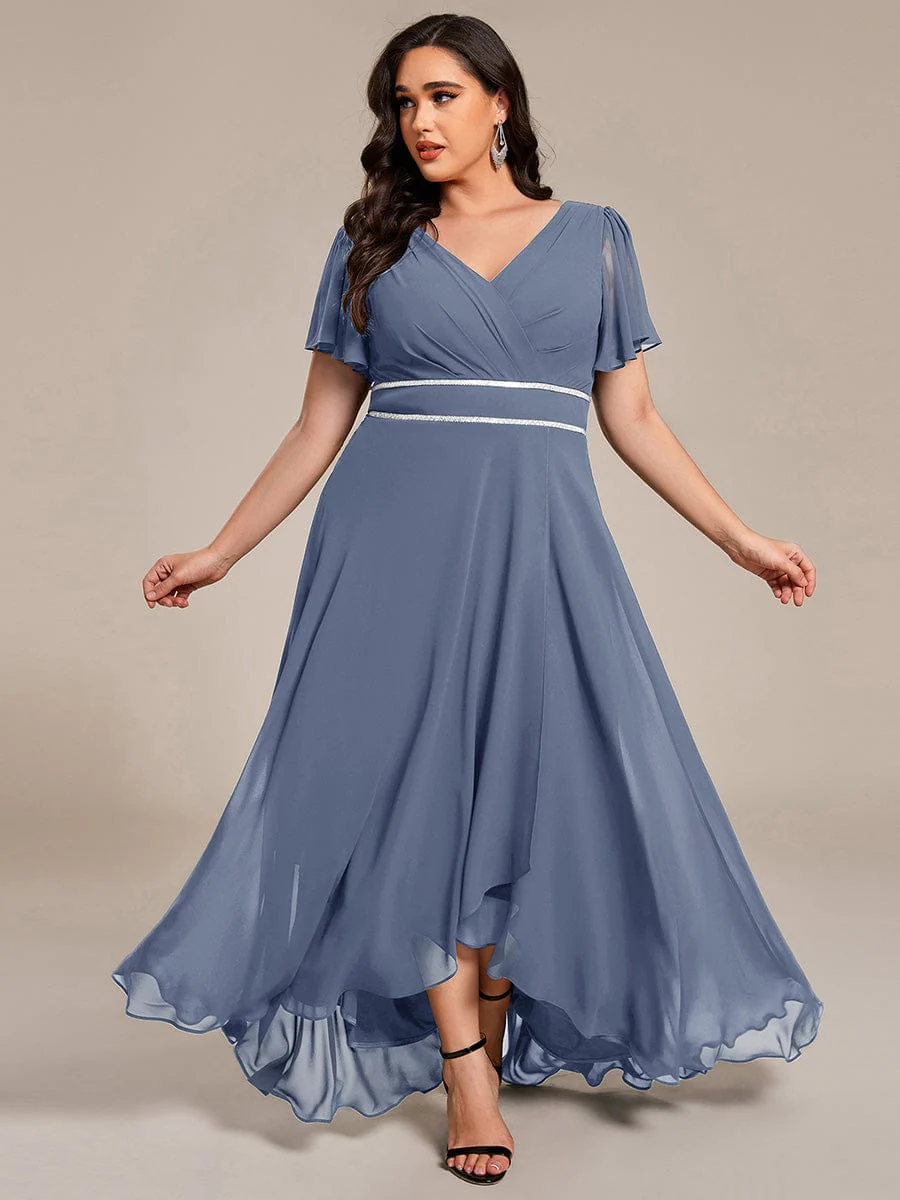 ever DAKOTA|Plus Size Chiffon Ruffle Sleeves Rhinestone Waist High-Low Wedding Guest Dress - Image 15