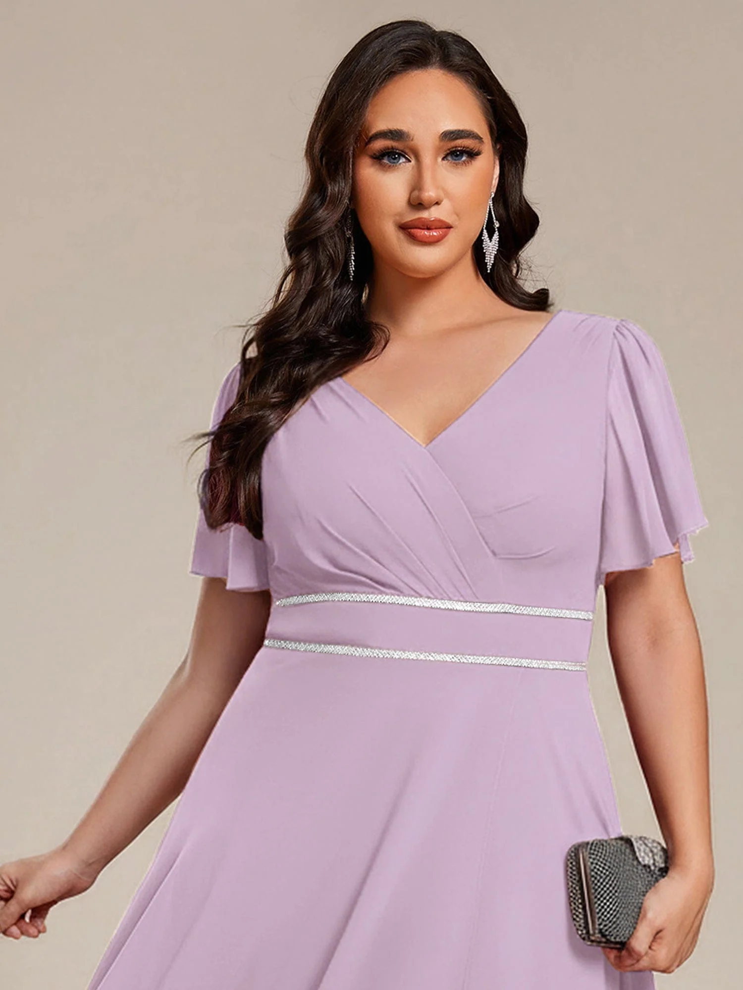 ever DAKOTA|Chiffon Ruffle Sleeves Rhinestone Waist High-Low Evening Dress For Wedding - Image 45