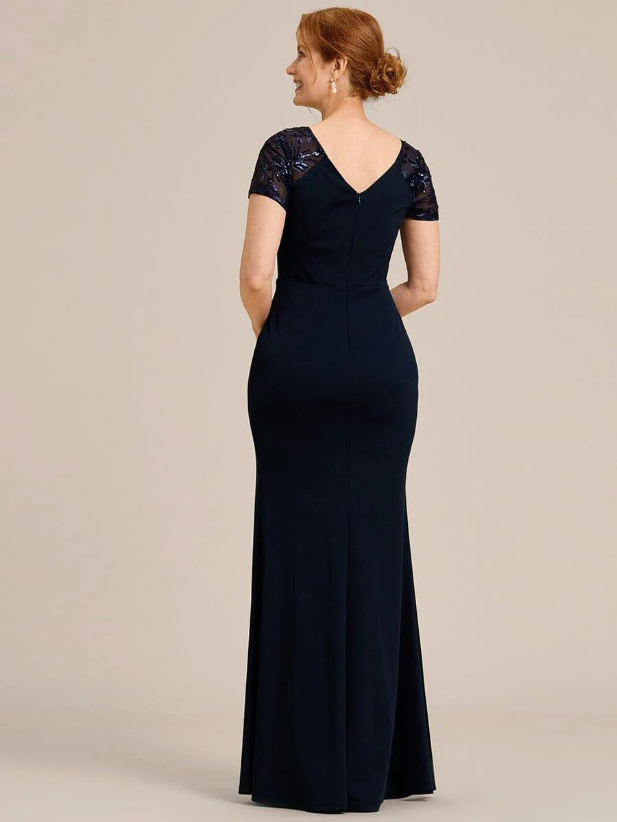 ever GILDED|Short Sequin Sleeve Front Slit Mother of the Bride Dress - Image 13