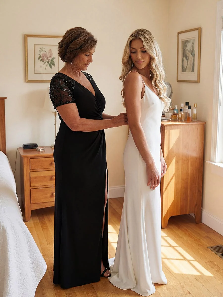ever GILDED|Short Sequin Sleeve Front Slit Mother of the Bride Dress - Image 4