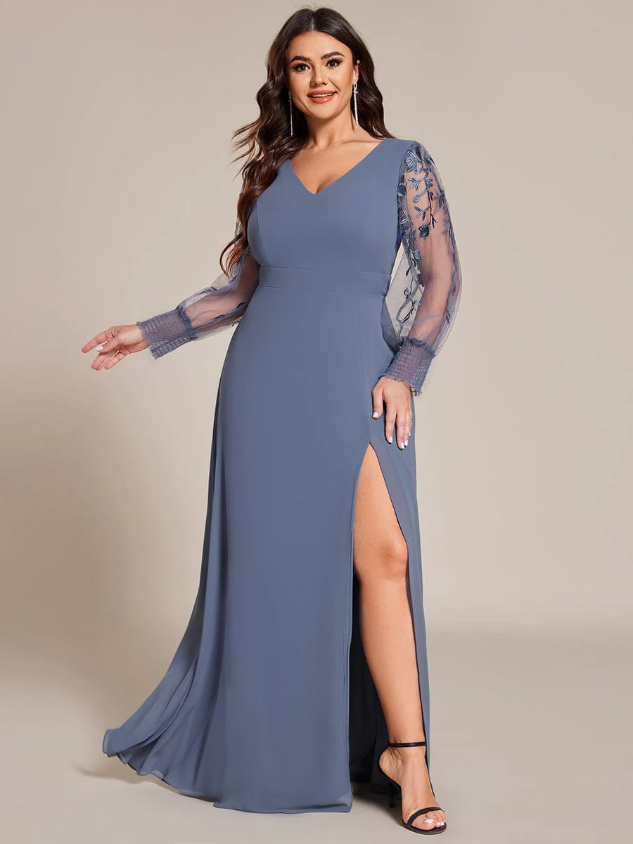 ever RYLEE|Plus Size Thigh Split Chiffon Evening Dress With Sheer Embroidered Long Sleeves - Image 16