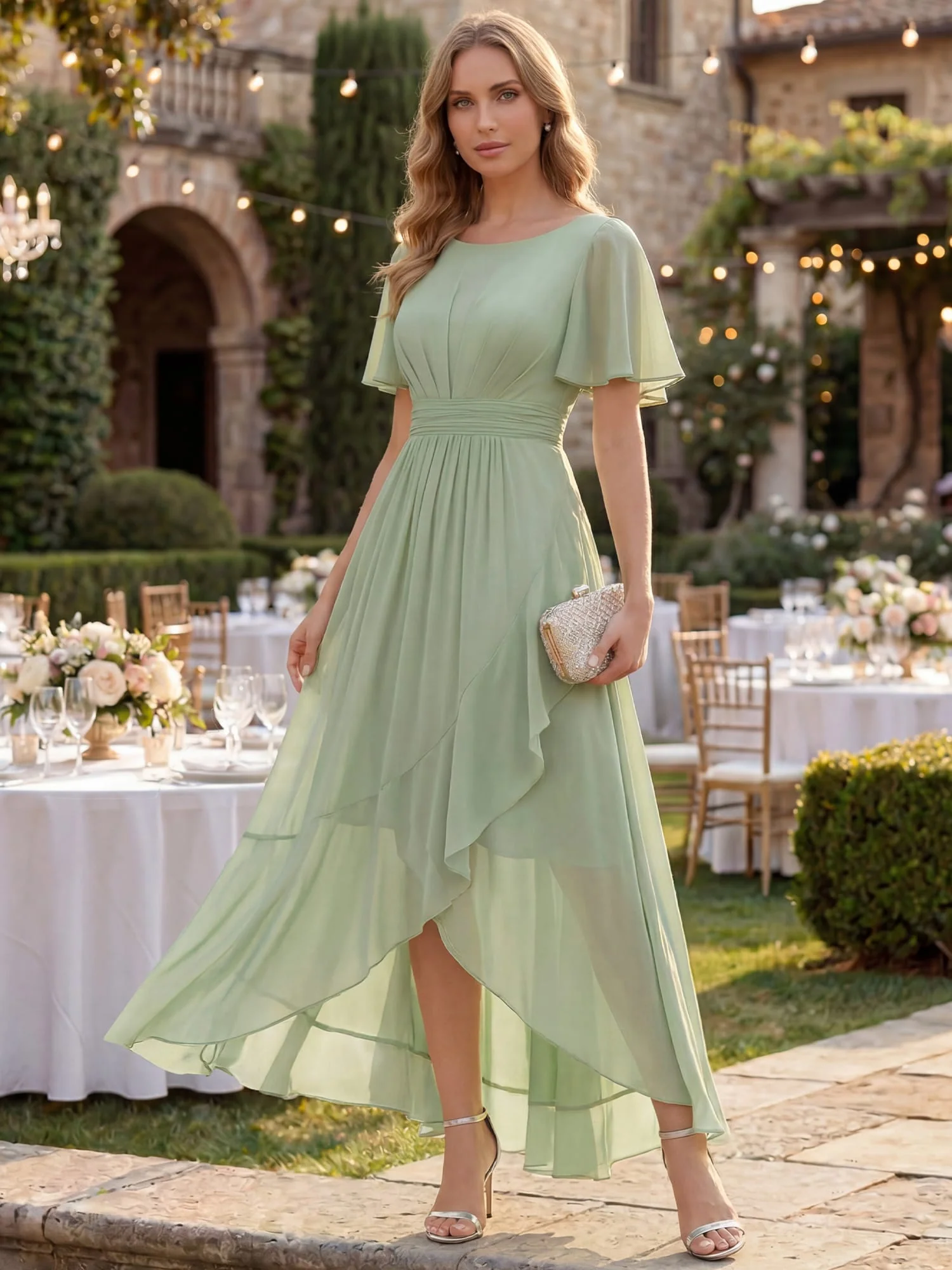 ever SAGE|Ruched Chiffon Ruffle Sleeve Wedding Guest Dress - Image 6