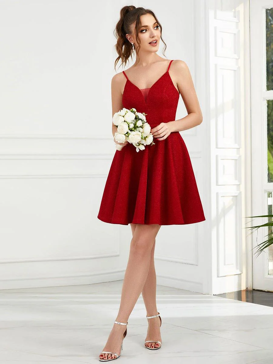 Fancy Shiny Deep V Neck Above Knee Length Prom Dress - Image 25