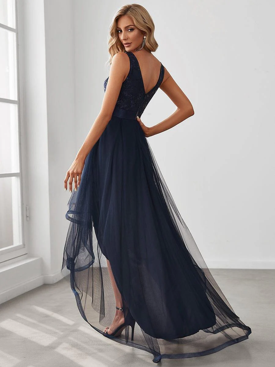 ever SASHIA|Fashion High-Low Deep V Neck Tulle Prom Dresses with Sequin Appliques - Image 7