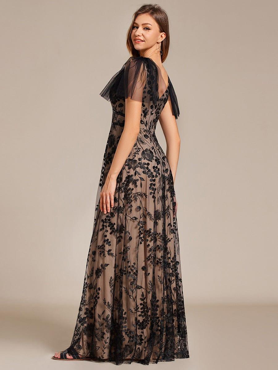 Flared Sleeve Embroidered Mesh Evening Maxi Dress - Image 2