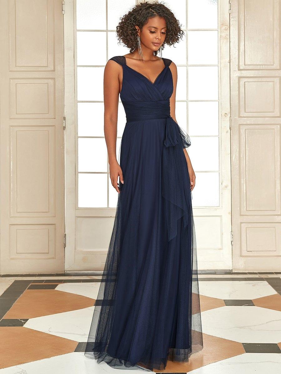 Floor Length Double V Neck Tulle Bridesmaid Dresses - Image 21
