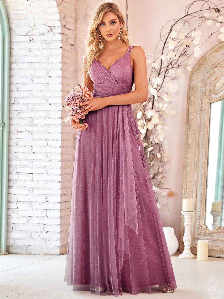 Elegant Double V-Neck Tulle Floor-Length Bridesmaid Dresses - Image 10