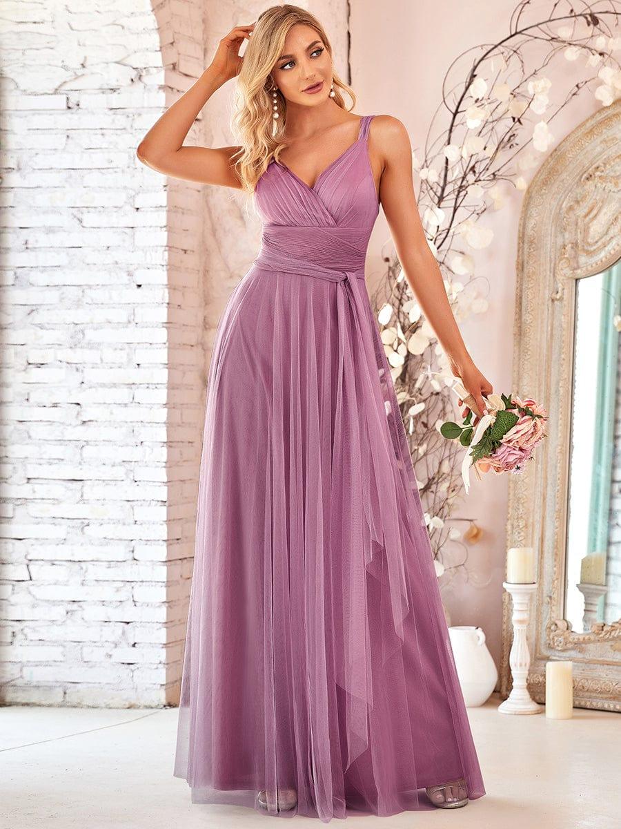 Elegant Double V-Neck Tulle Floor-Length Bridesmaid Dresses - Image 7