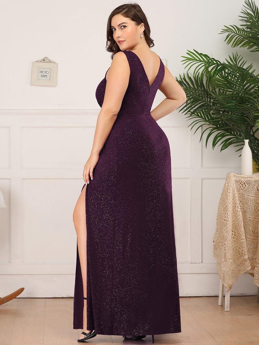 Floor Length V Neck Shimmery Evening Dresses with Side Split - Image 29