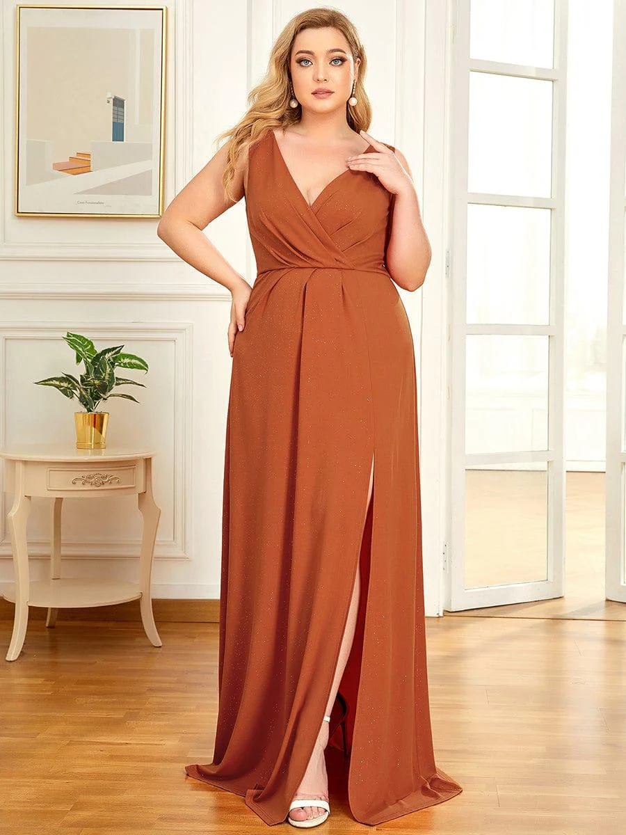 Floor Length V Neck Shimmery Evening Dresses with Side Split - Image 36