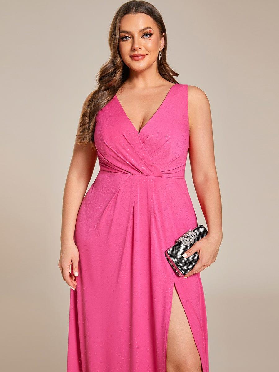 Floor Length V Neck Shimmery Evening Dresses with Side Split - Image 46