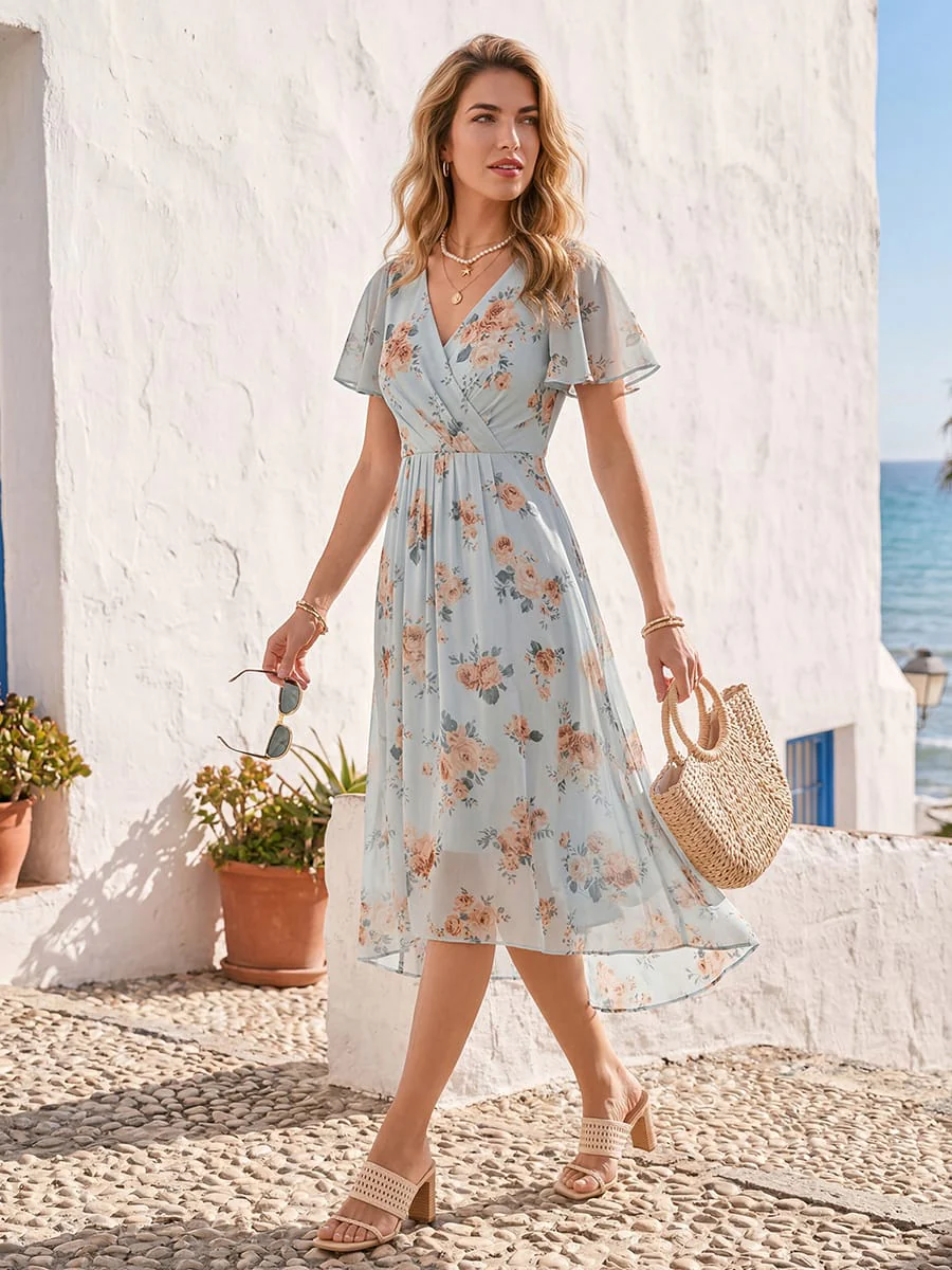 Floral Chiffon Ruffle Sleeve Dress - Image 3