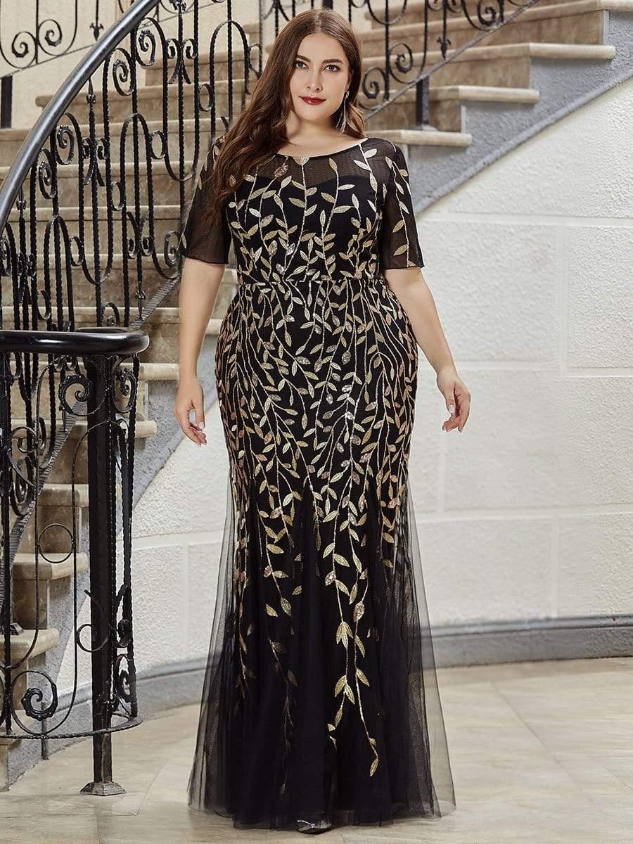 ever JADEN|Sequin Leaf Maxi Long Fishtail Tulle Prom Dress With Half Sleeve - Image 21