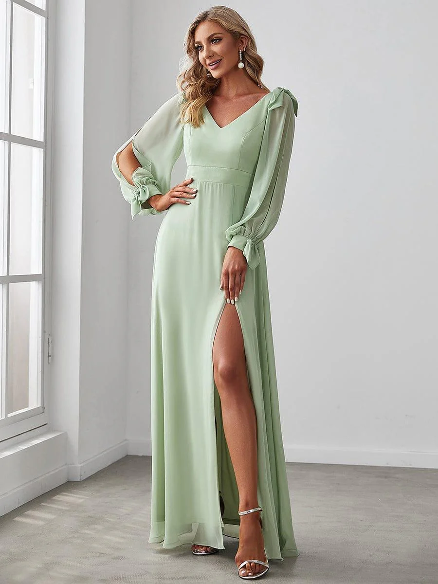 ever IVORY|Gentle Split Low Back Thigh Slit Long Sleeve Wedding Guest Dress - Image 4