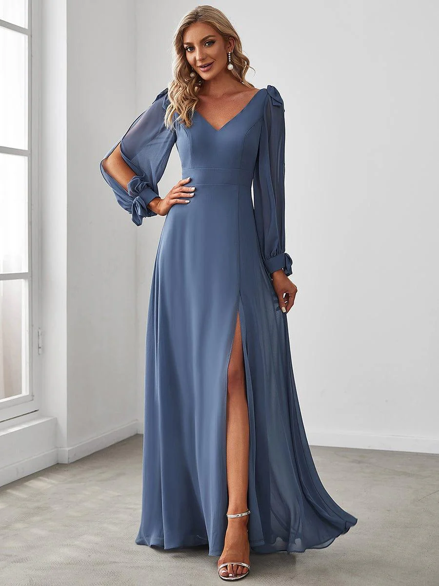 ever IVORY|Gentle Split Sleeve Low Back Thigh Slit Bridesmaid Dress - Image 16