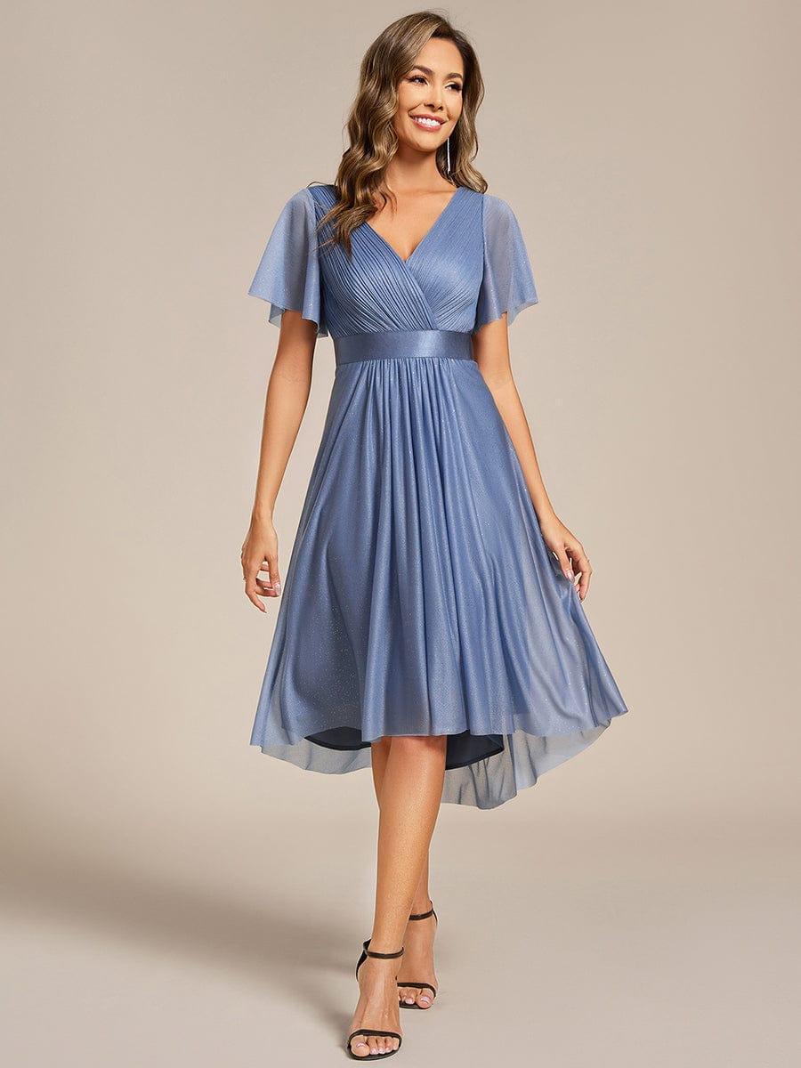ever SOL|Glitter V-Neck Ruffles Sleeve Asymmetrical Hem Midi Length Wedding Guest Dress