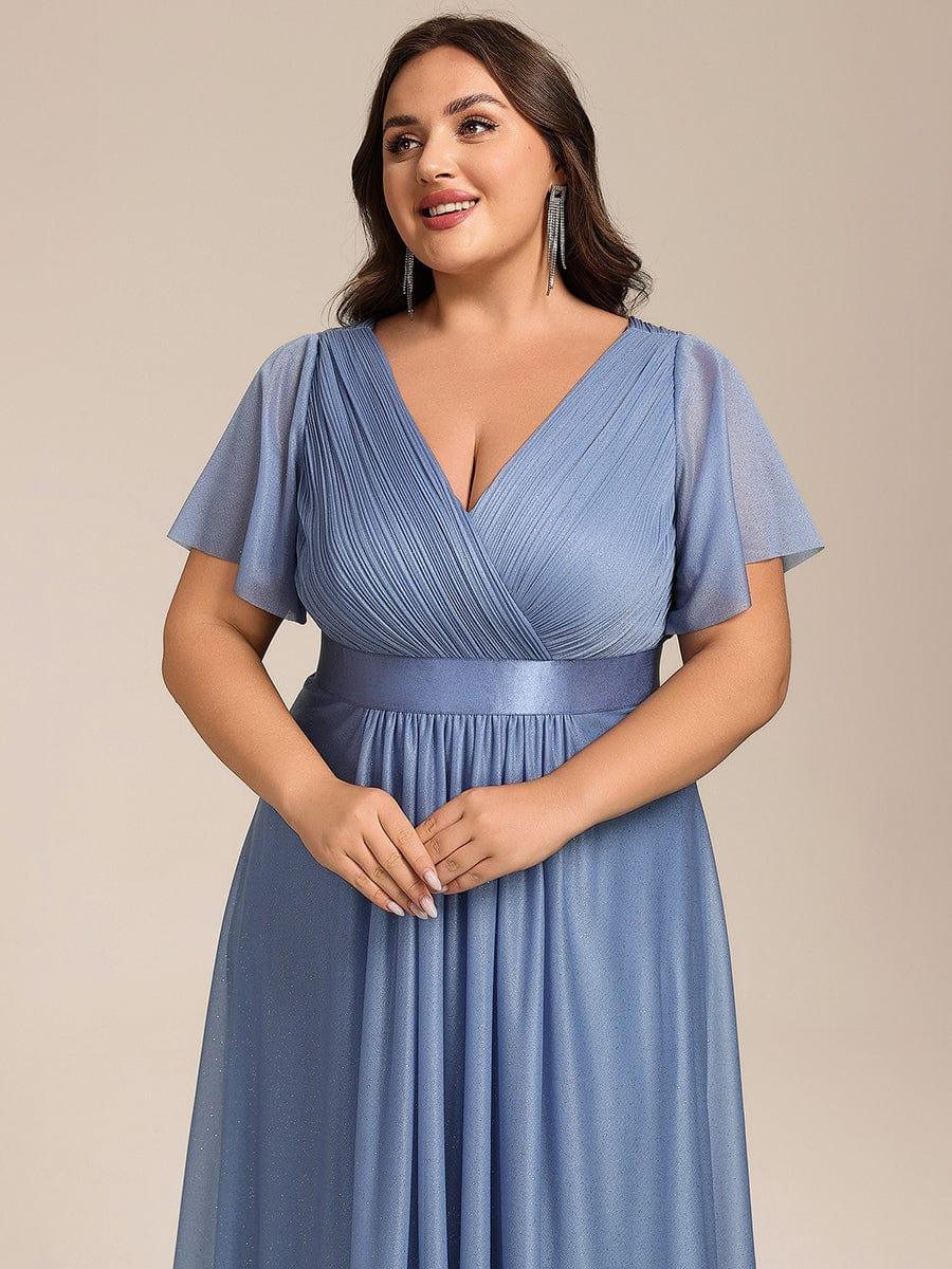 ever SOL|Glitter V-Neck Ruffles Sleeve Asymmetrical Hem Midi Length Wedding Guest Dress - Image 8