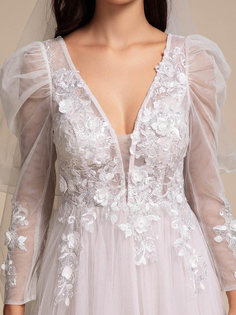 GENOVA’S BRIDE|Illusion V-neck Applique Tulle Wedding Dress With Leg-of-mutton Sleeves - Image 3