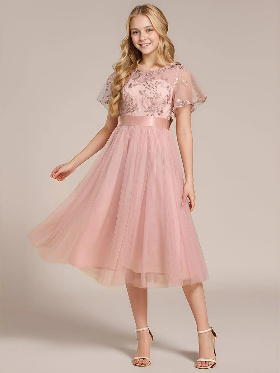 ever MARA|Junior Round Neck Embellished Midi Tulle Bridesmaid Dress