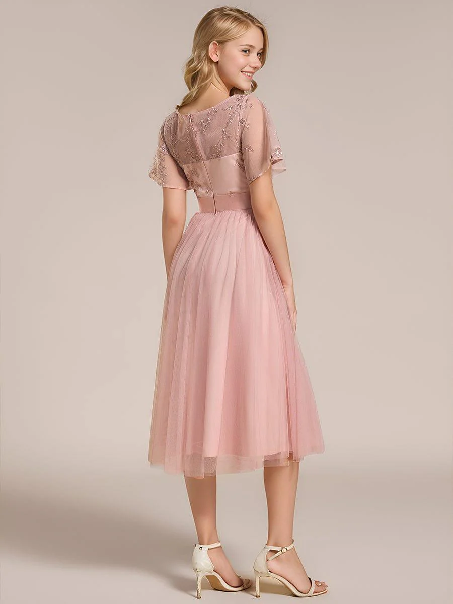 ever MARA|Junior Round Neck Embellished Midi Tulle Bridesmaid Dress - Image 2