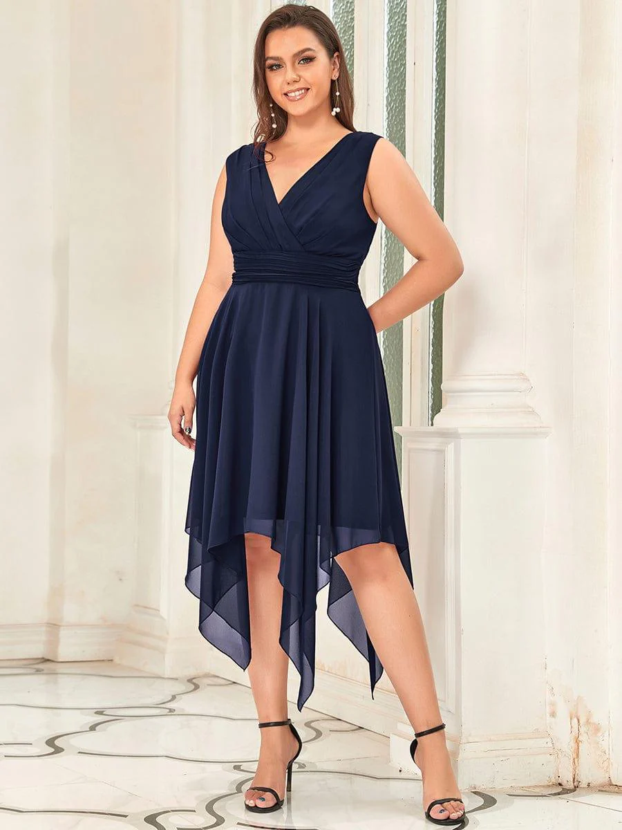 Simple V-Neck Irregular Hem Chiffon Midi Bridesmaid Dress - Image 12