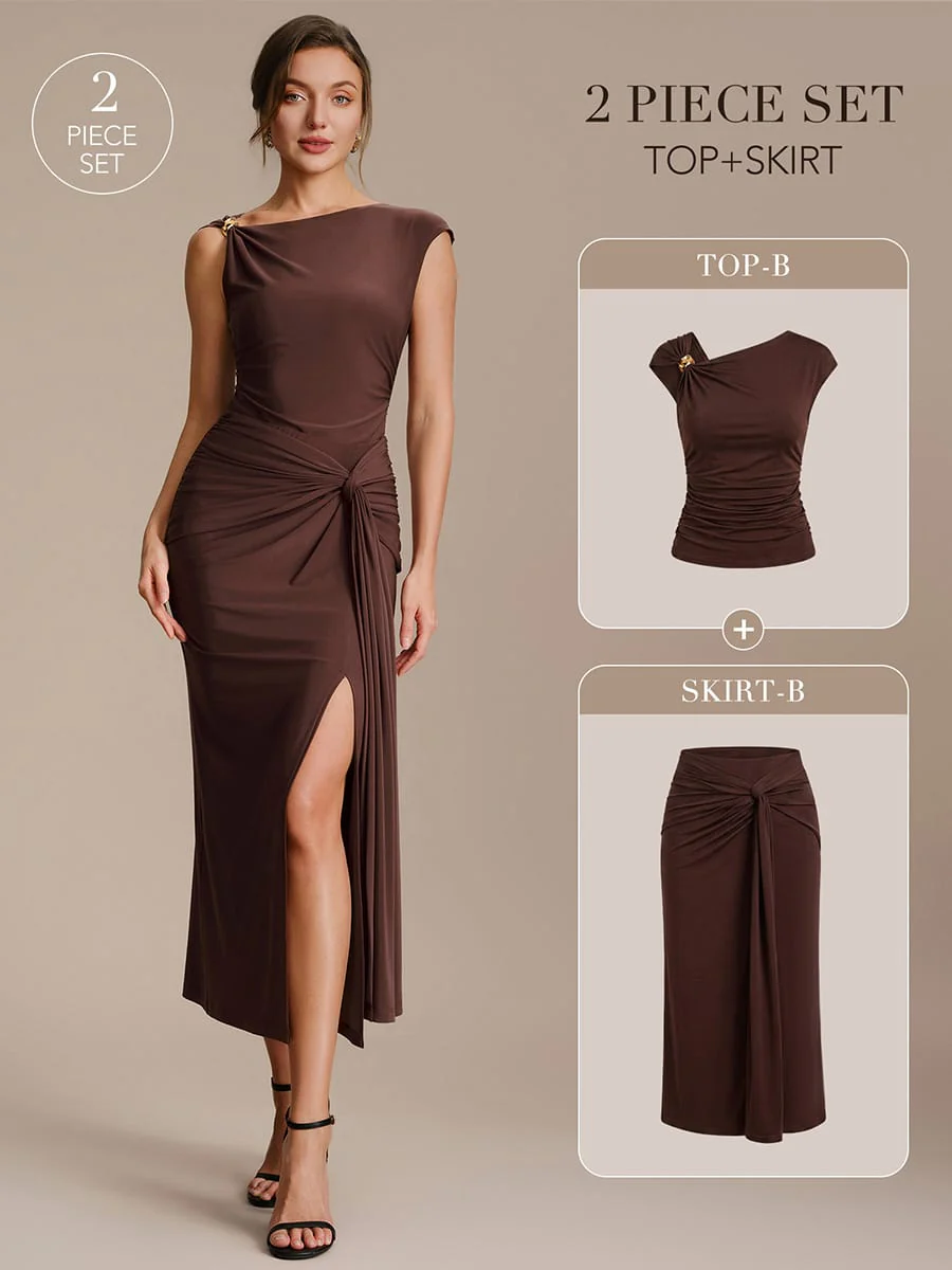 Knit Cap Sleeve Asymmetrical Neckline Top - Image 3