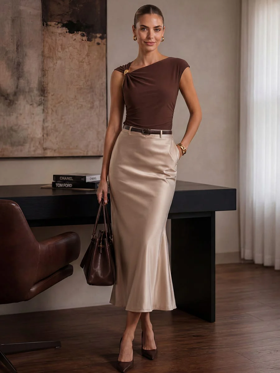 Knit Cap Sleeve Asymmetrical Neckline Top - Image 6