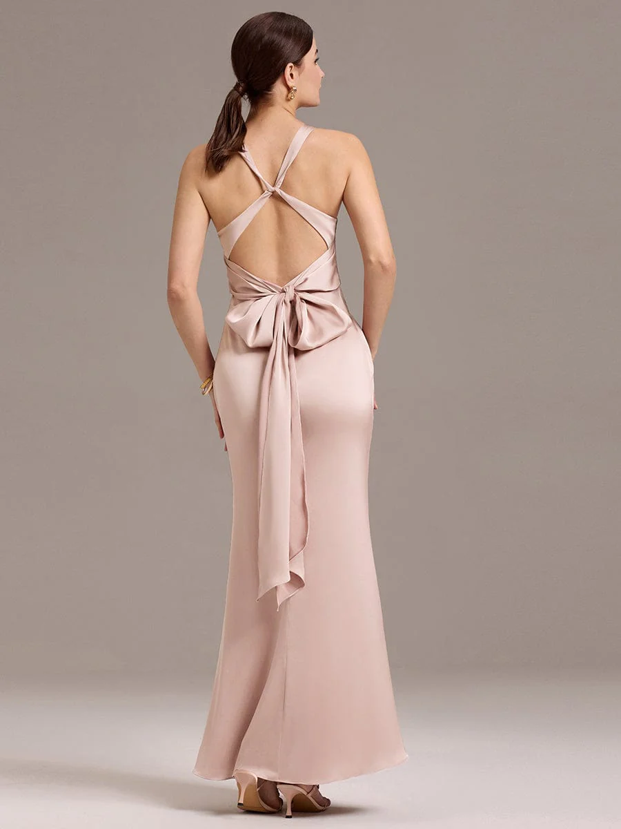 ever MINTA|Knot Front Mermaid Cross Back Bow Tie Satin Maxi Bridesmaid Dress - Image 8