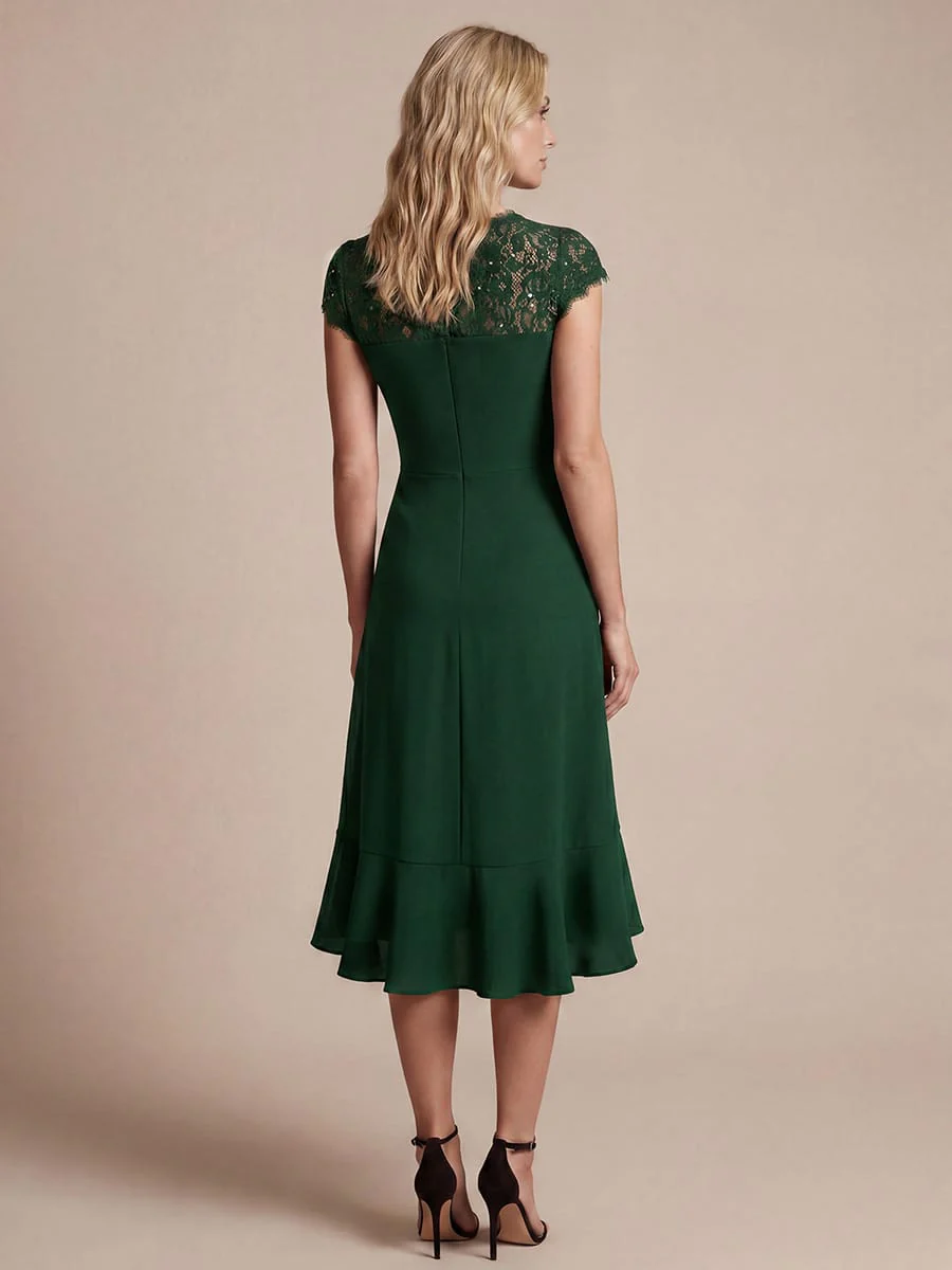 Elegant Cap Sleeve Lace Patchwork Midi Mermaid Wedding Guest Dress - Image 10