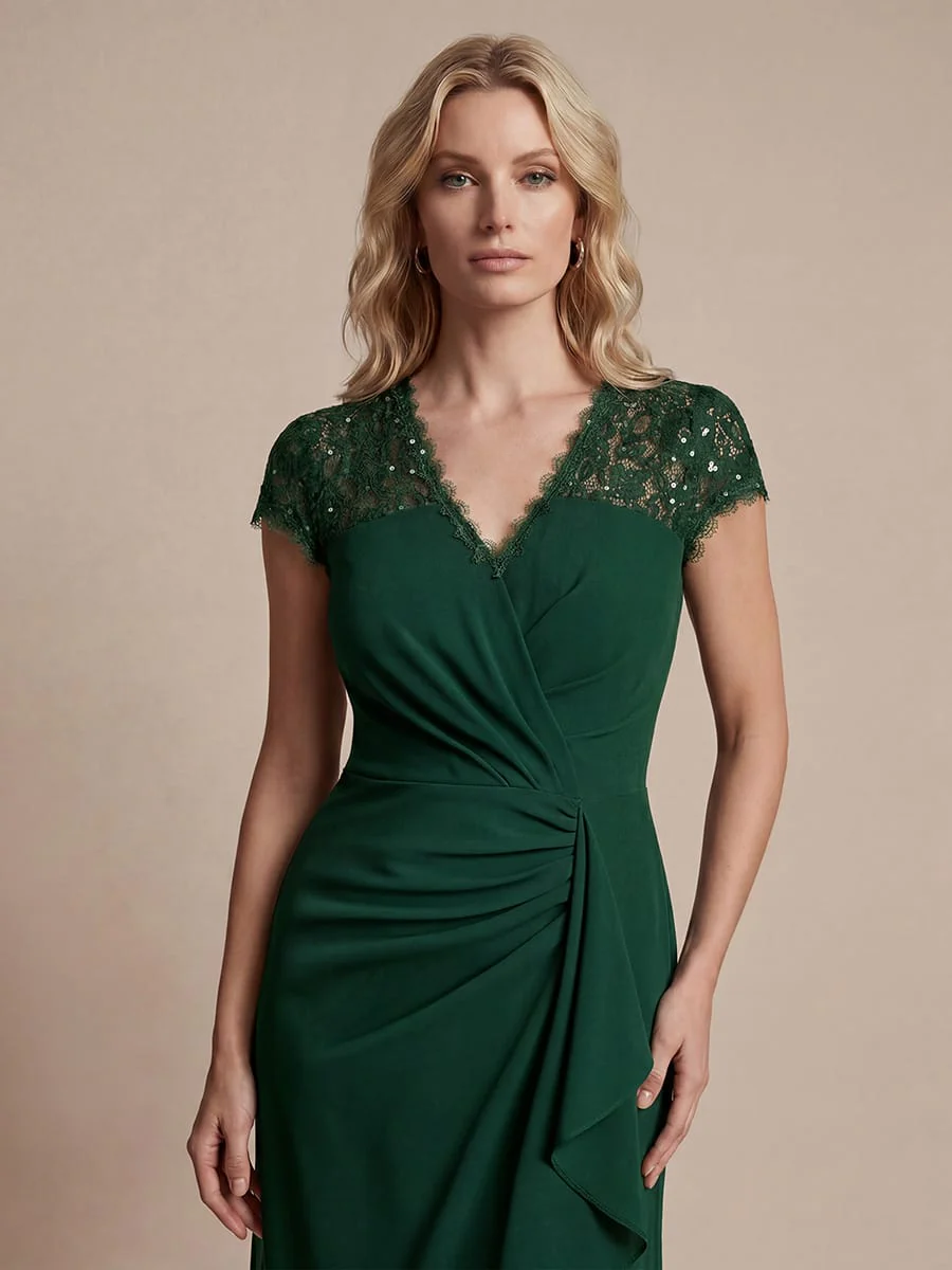 Elegant Cap Sleeve Lace Patchwork Midi Mermaid Wedding Guest Dress - Image 12
