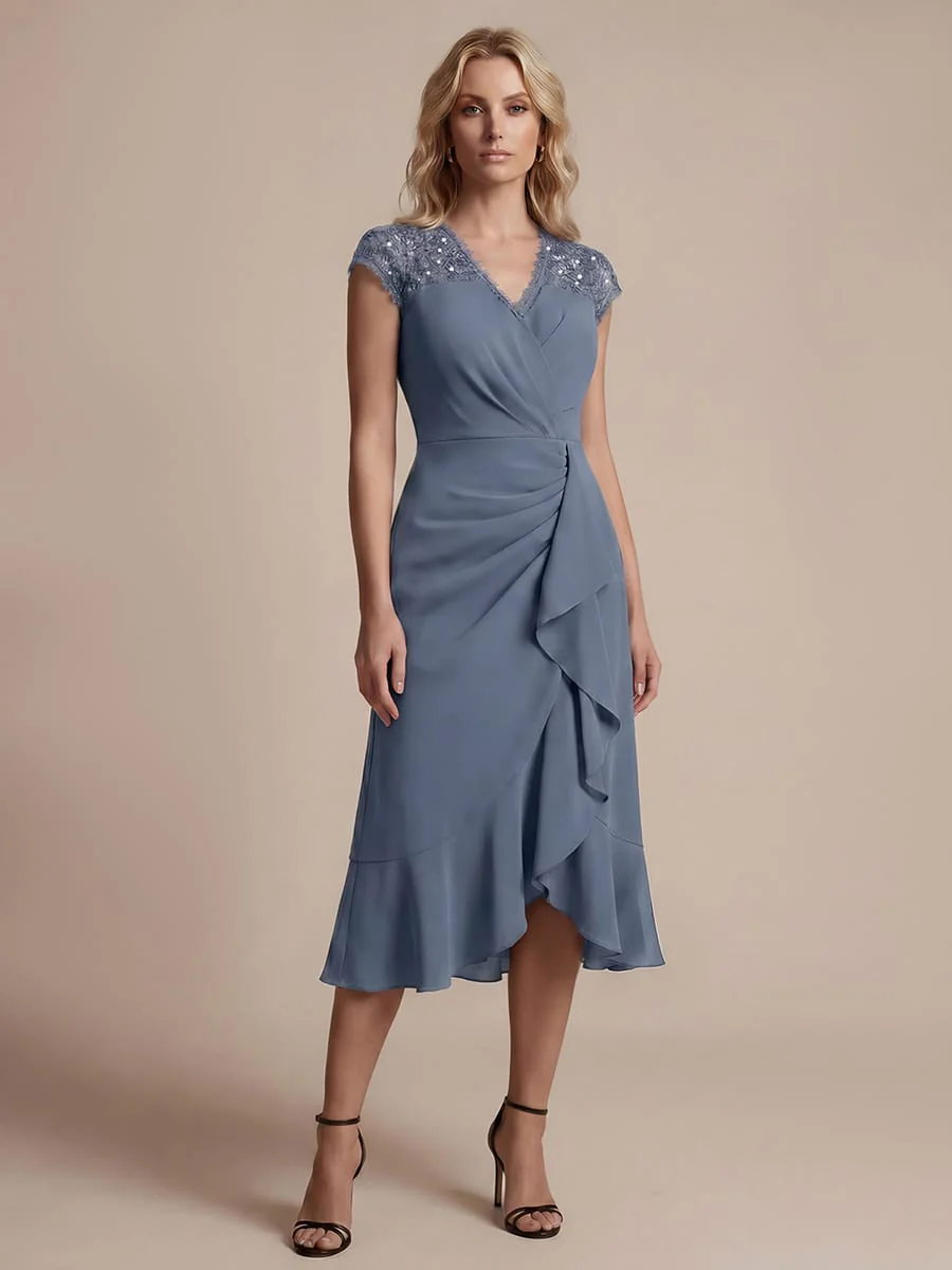 Elegant Cap Sleeve Lace Patchwork Midi Mermaid Wedding Guest Dress - Image 16