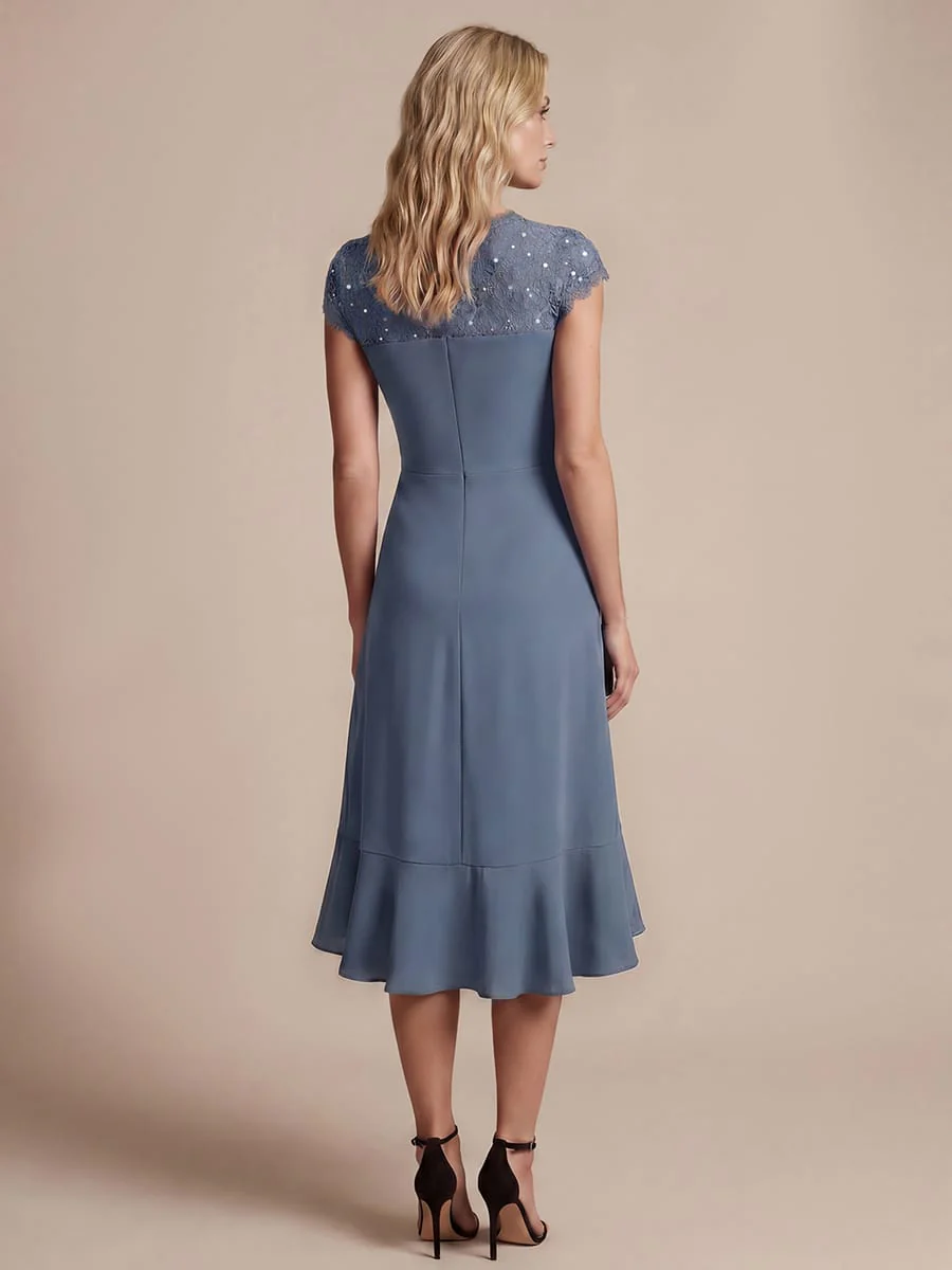 Elegant Cap Sleeve Lace Patchwork Midi Mermaid Wedding Guest Dress - Image 17