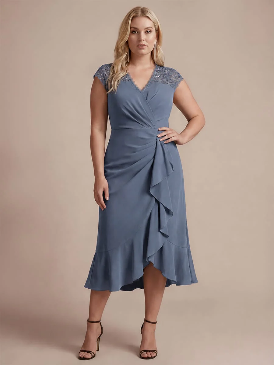 Elegant Cap Sleeve Lace Patchwork Midi Mermaid Wedding Guest Dress - Image 19