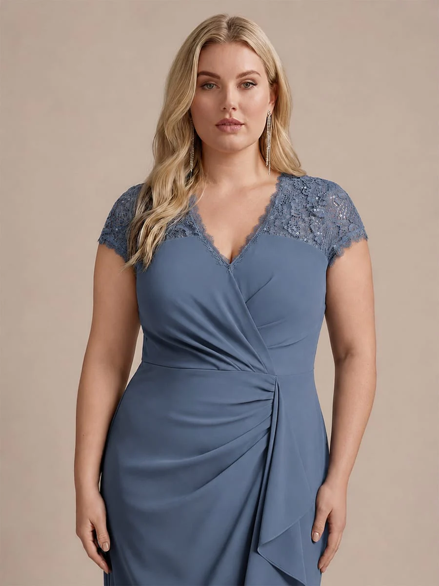 Elegant Cap Sleeve Lace Patchwork Midi Mermaid Wedding Guest Dress - Image 21