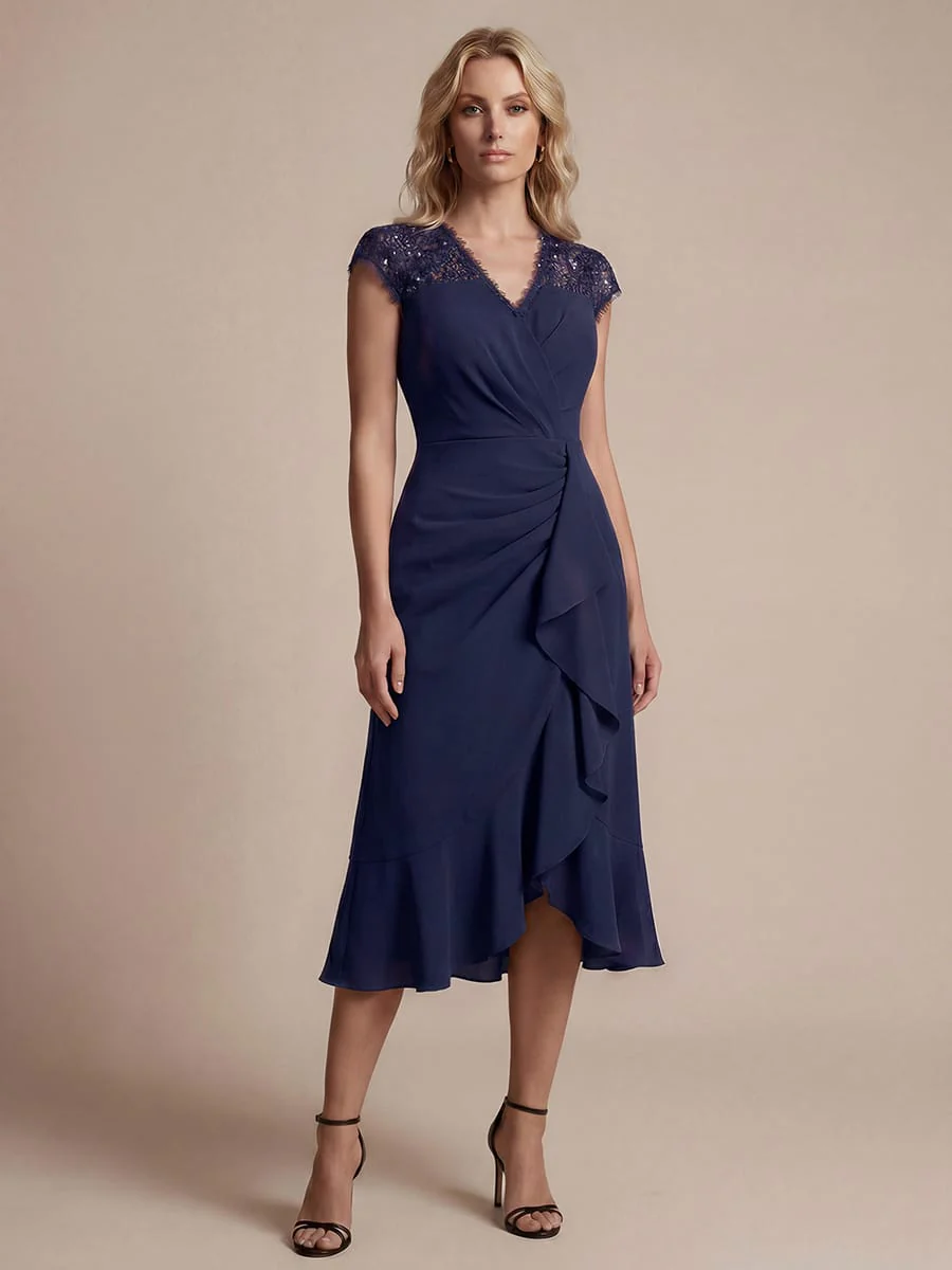 Elegant Cap Sleeve Lace Patchwork Midi Mermaid Wedding Guest Dress - Image 22