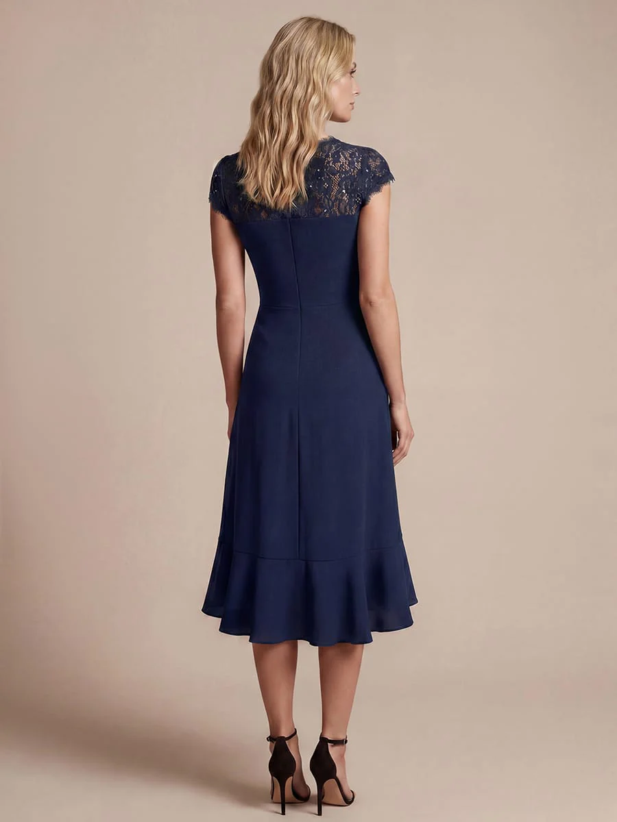 Elegant Cap Sleeve Lace Patchwork Midi Mermaid Wedding Guest Dress - Image 23