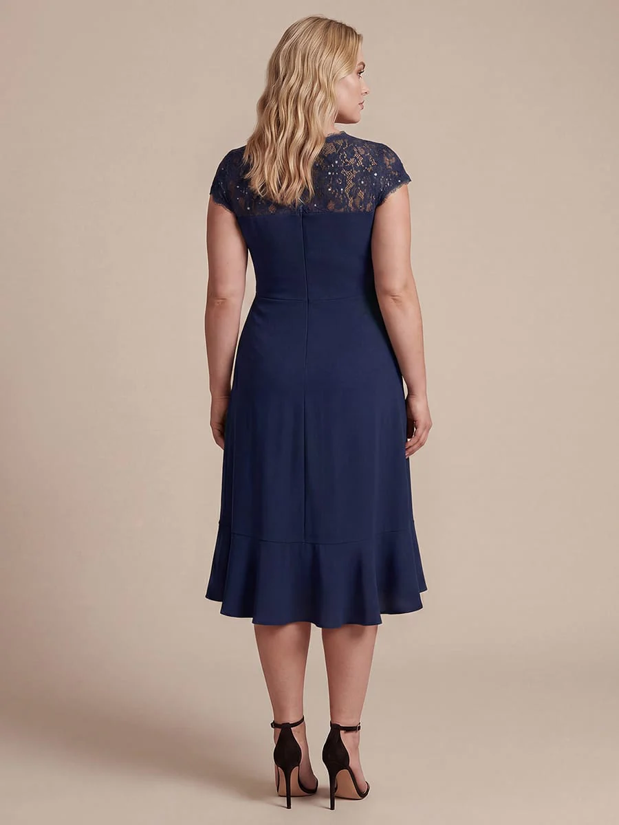 Elegant Cap Sleeve Lace Patchwork Midi Mermaid Wedding Guest Dress - Image 26
