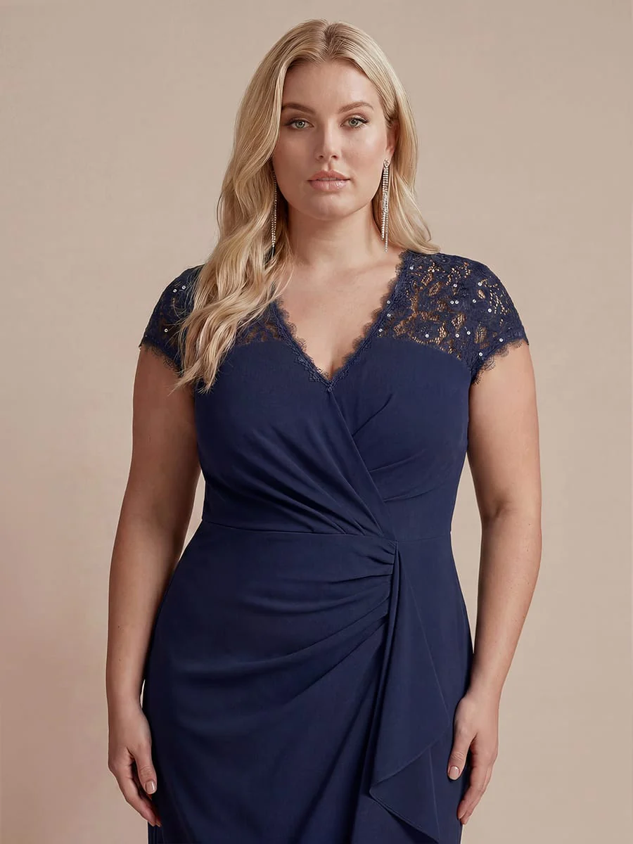 Elegant Cap Sleeve Lace Patchwork Midi Mermaid Wedding Guest Dress - Image 27