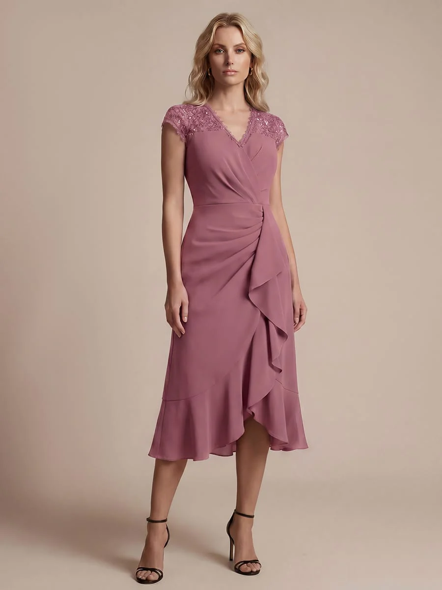 Elegant Cap Sleeve Lace Patchwork Midi Mermaid Wedding Guest Dress - Image 28