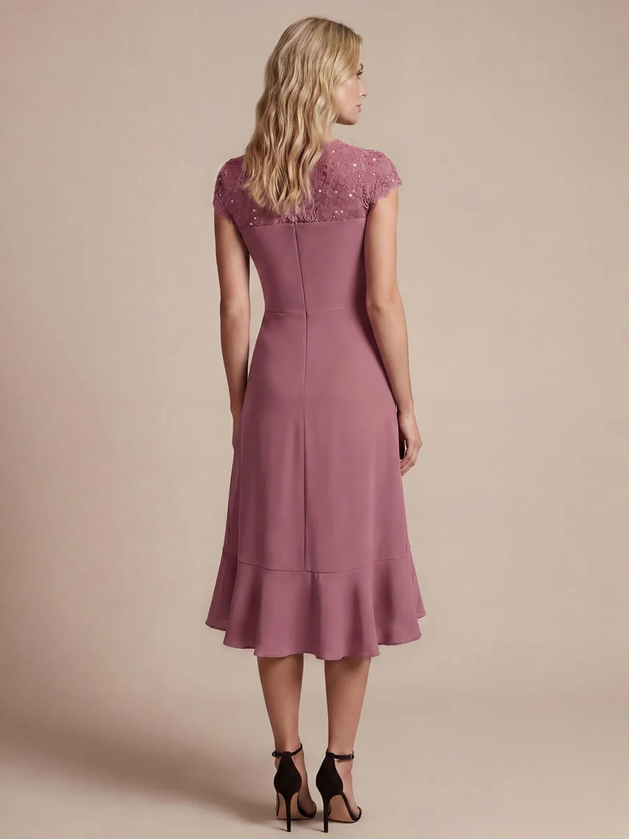 Elegant Cap Sleeve Lace Patchwork Midi Mermaid Wedding Guest Dress - Image 29