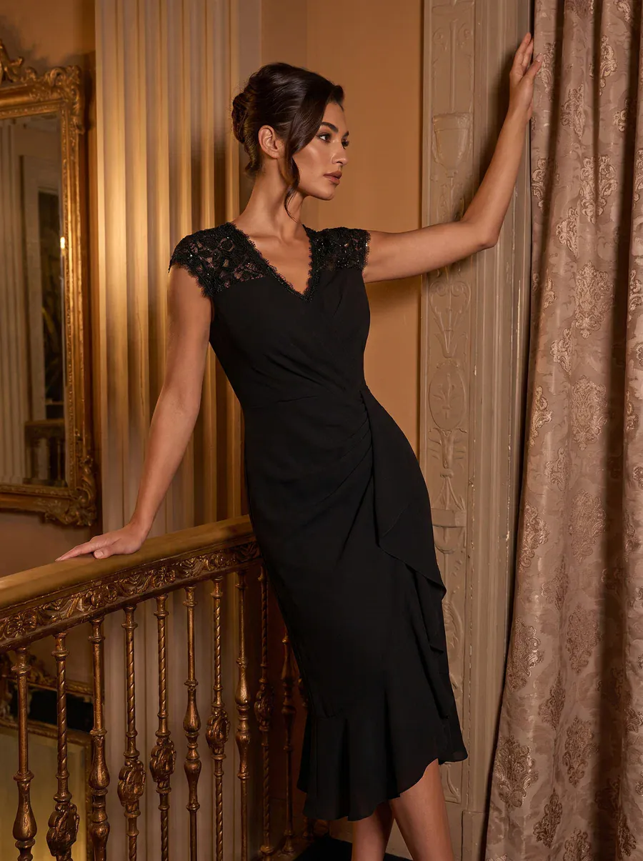 Elegant Cap Sleeve Lace Patchwork Midi Mermaid Wedding Guest Dress - Image 3