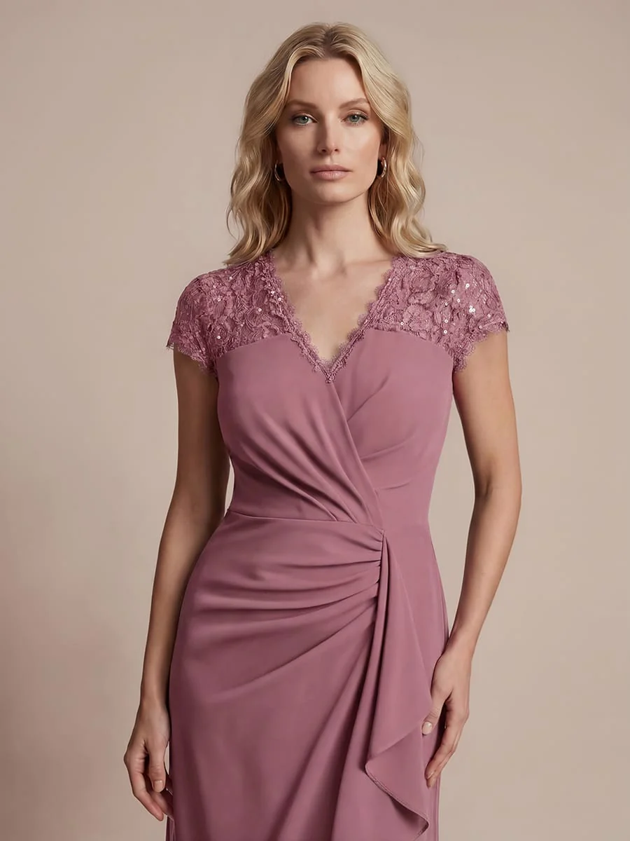 Elegant Cap Sleeve Lace Patchwork Midi Mermaid Wedding Guest Dress - Image 30