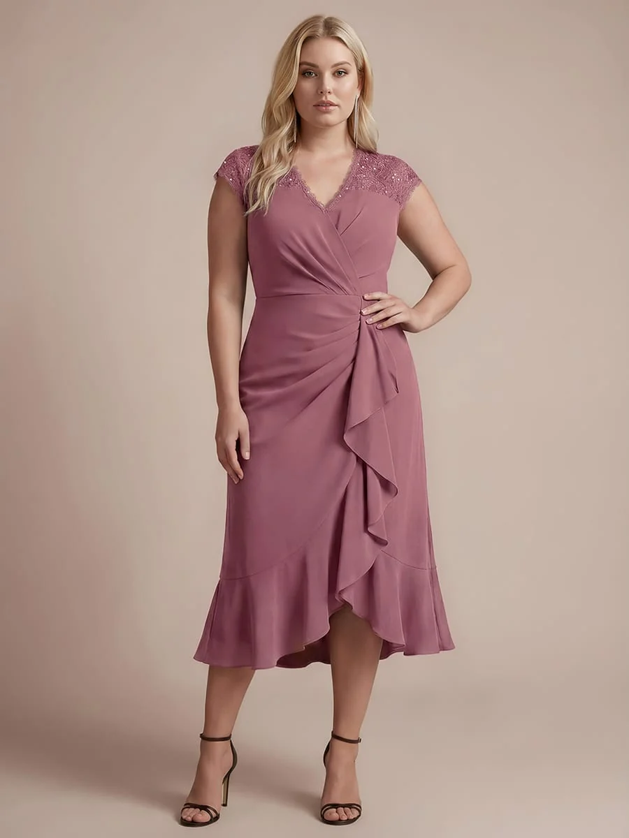 Elegant Cap Sleeve Lace Patchwork Midi Mermaid Wedding Guest Dress - Image 31