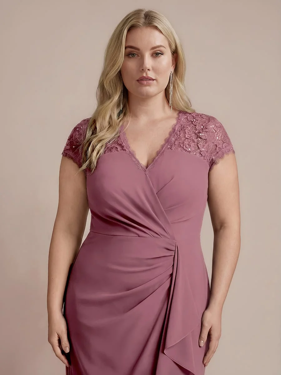 Elegant Cap Sleeve Lace Patchwork Midi Mermaid Wedding Guest Dress - Image 33